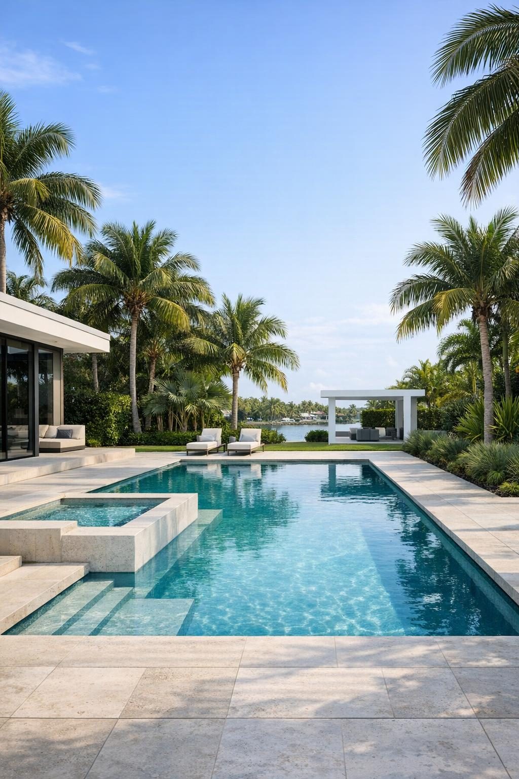 a completed pool with palm trees
